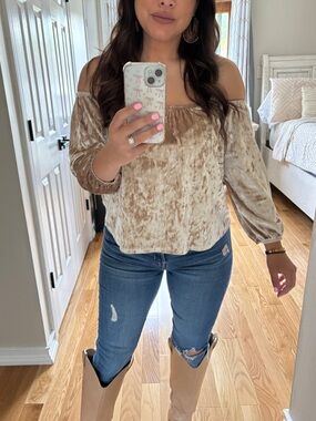 Crushed velvet off shoulder champagne color top